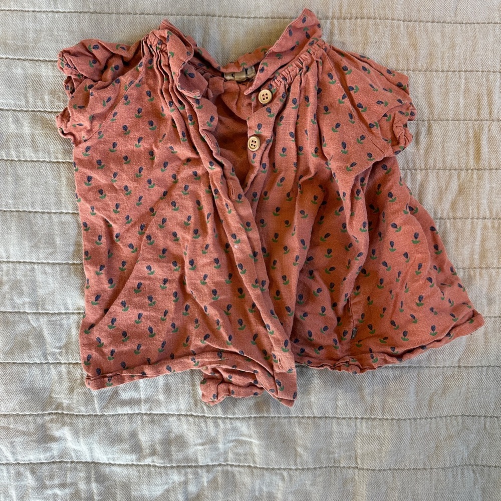 Oeuf Coral Button-Up Blouse with Leaf Pattern